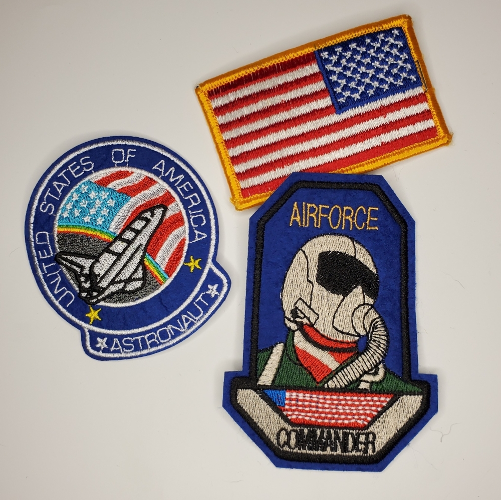 3 pack of IRON ON patches. Flag, Space Shuttle, Air Force Commander.